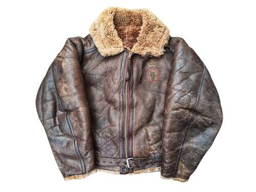 WW2 RAF IRVIN SHEEPSKIN FLYING JACKET - PAINTED SQUADRON BADGE
