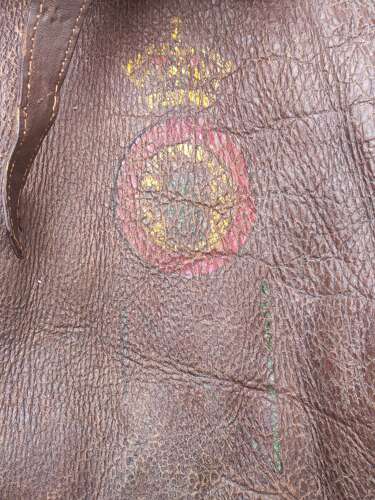 WW2 RAF IRVIN SHEEPSKIN FLYING JACKET - PAINTED SQUADRON BADGE