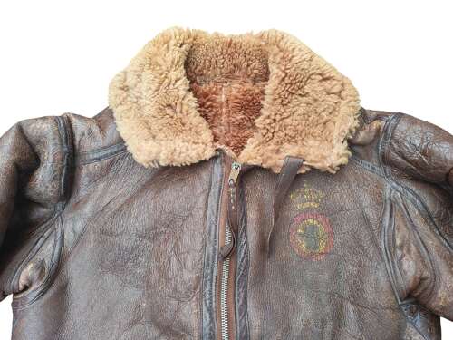 WW2 RAF IRVIN SHEEPSKIN FLYING JACKET - PAINTED SQUADRON BADGE